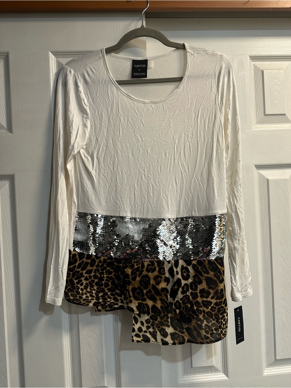 Cartise Cream Long-Sleeve Top with Silver Sequin & Leopard Hem